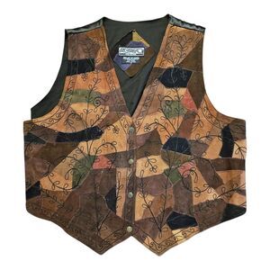 Vtg AGAPO Vest Womens Sz 3X Patchwork Leather Embroidered Snap Closure Boho